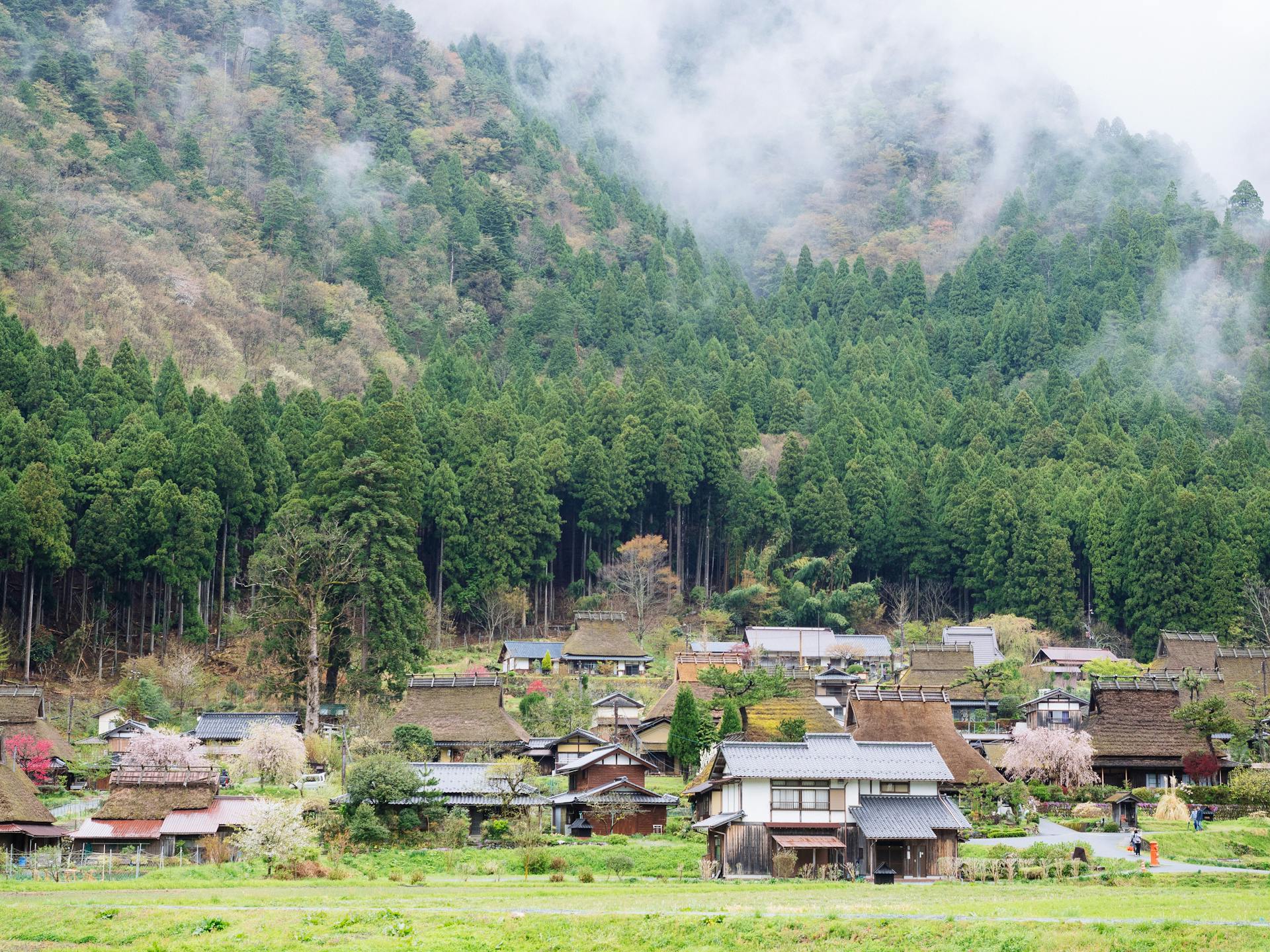 Traditional Japanese village in morning mist, Kyoto Prefecture